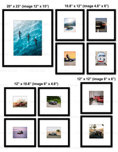 Load image into Gallery viewer, Custom for Leo McManus, 11 Matte Paper Prints w/Black Wood Frame, 20x23(1), 12x12(2), 10.8x12(8)