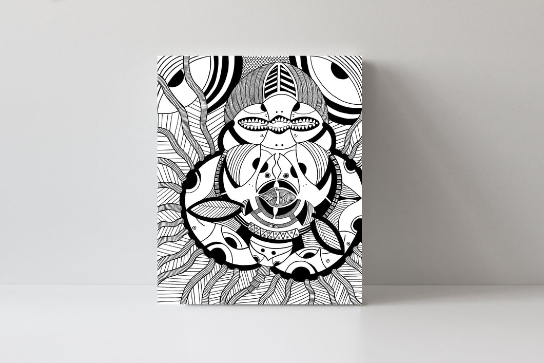 'Diving Curly Mountain' Black and White Doodle Art Canvas Print by Julien, J0515C5