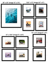 Load image into Gallery viewer, Custom for Leo McManus, 11 Matte Paper Prints w/Black Wood Frame, 20x23(1), 12x12(2), 10.8x12(8)
